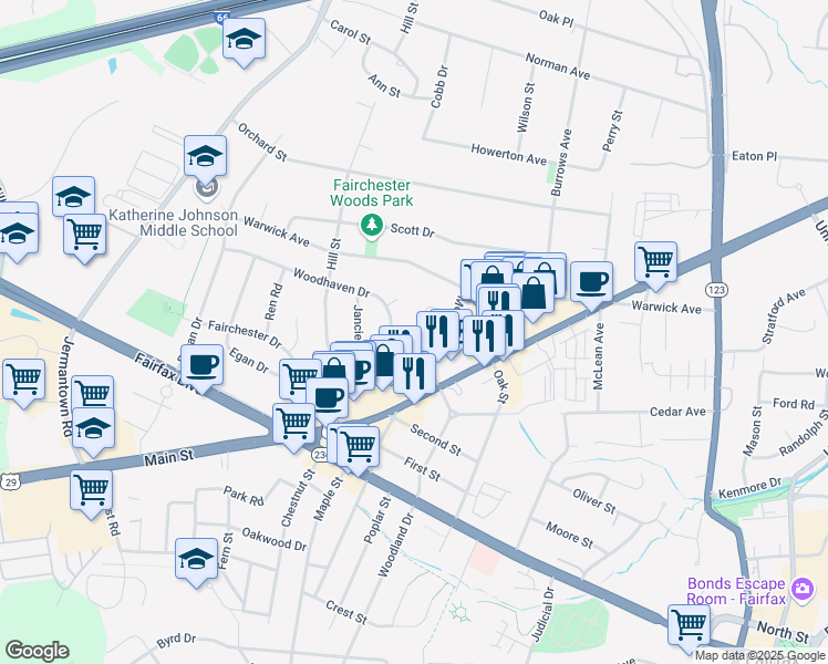 map of restaurants, bars, coffee shops, grocery stores, and more near 10820 Harvey Drive in Fairfax