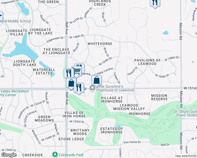 map of restaurants, bars, coffee shops, grocery stores, and more near 5188 West 150th Place in Overland Park