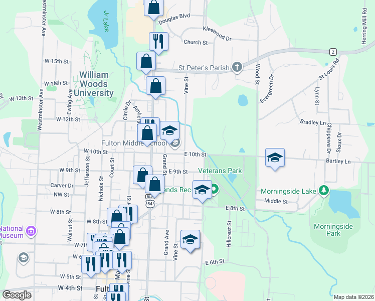 map of restaurants, bars, coffee shops, grocery stores, and more near 501 East 10th Street in Fulton