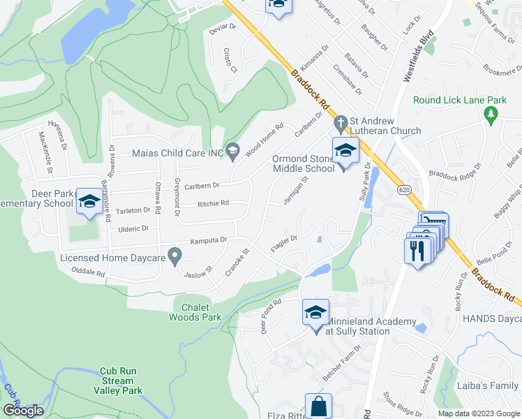 map of restaurants, bars, coffee shops, grocery stores, and more near 14816 Cranoke Street in Centreville
