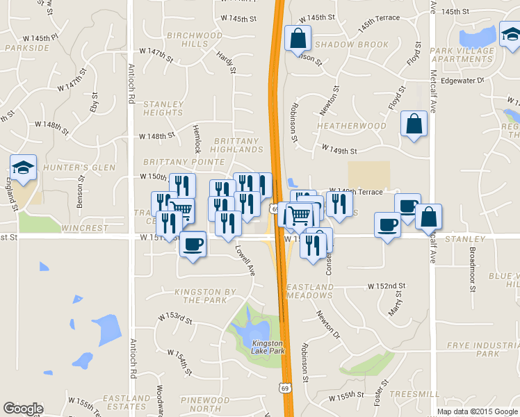 map of restaurants, bars, coffee shops, grocery stores, and more near 7908 West 151st Street in Overland Park