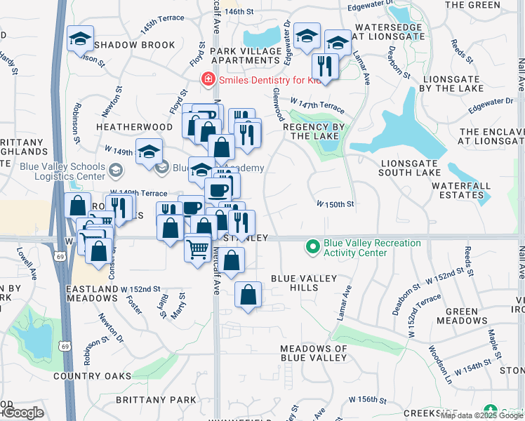 map of restaurants, bars, coffee shops, grocery stores, and more near 6702 West 150th Street in Overland Park