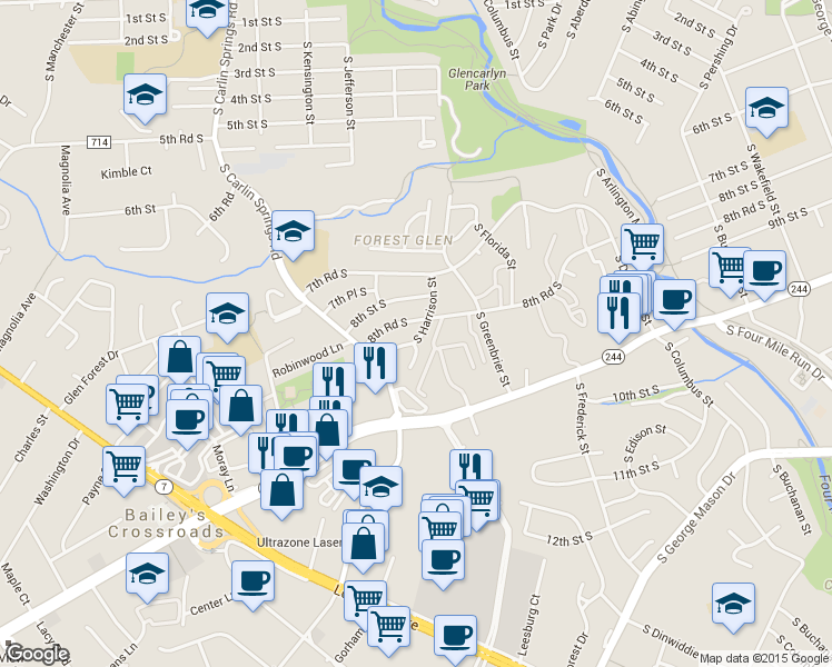 map of restaurants, bars, coffee shops, grocery stores, and more near 830 South Harrison Street in Arlington