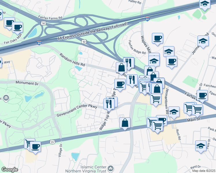 map of restaurants, bars, coffee shops, grocery stores, and more near 11432 Tiger Lily Lane in Fairfax