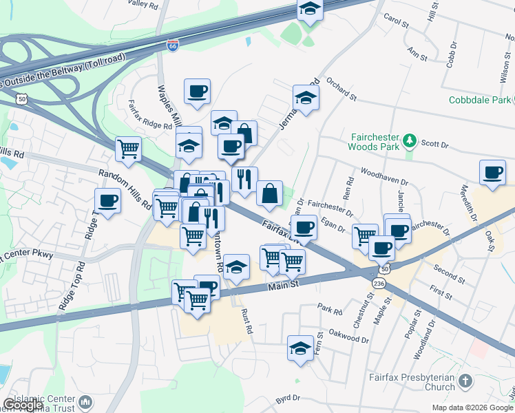 map of restaurants, bars, coffee shops, grocery stores, and more near 11166 Fairfax Boulevard in Fairfax