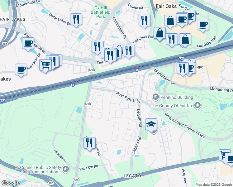 map of restaurants, bars, coffee shops, grocery stores, and more near 12252 Water Elm Lane in Fairfax