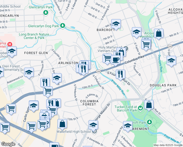 map of restaurants, bars, coffee shops, grocery stores, and more near Columbia Pike & South Columbus Street in Arlington