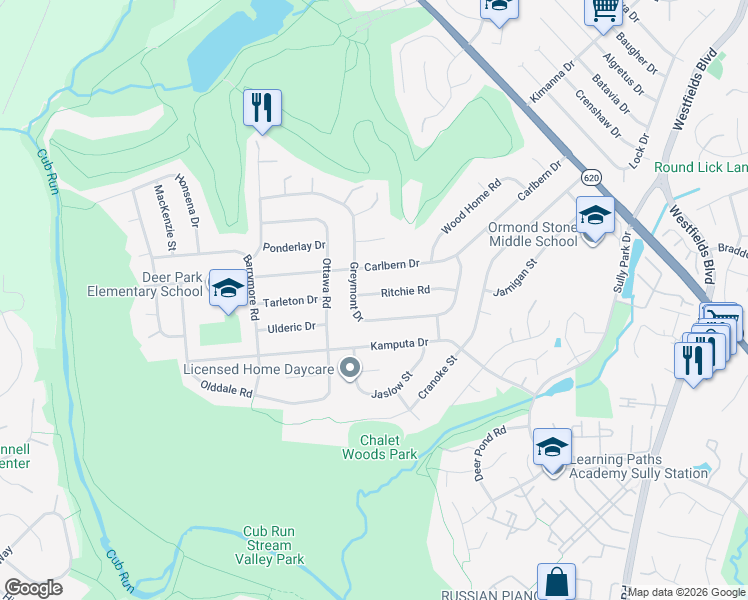 map of restaurants, bars, coffee shops, grocery stores, and more near 14923 Ritchie Road in Centreville