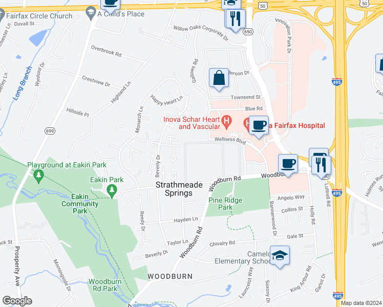 map of restaurants, bars, coffee shops, grocery stores, and more near 3322 Woodburn Village Drive in Annandale