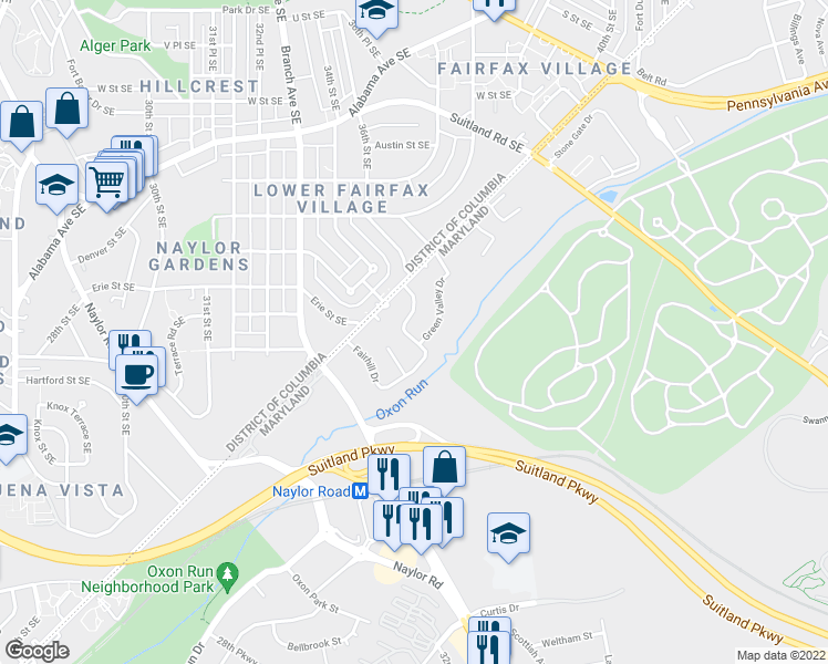 map of restaurants, bars, coffee shops, grocery stores, and more near 2424 Fairhill Drive in Suitland-Silver Hill