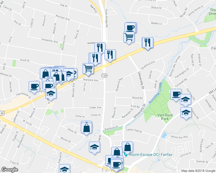 map of restaurants, bars, coffee shops, grocery stores, and more near 3627 Chain Bridge Road in Fairfax