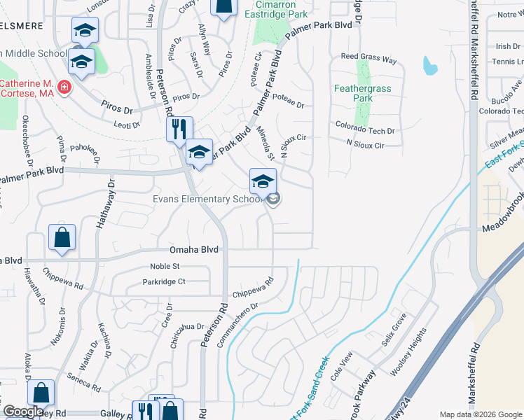 map of restaurants, bars, coffee shops, grocery stores, and more near 1660 Winnebago Road in Colorado Springs