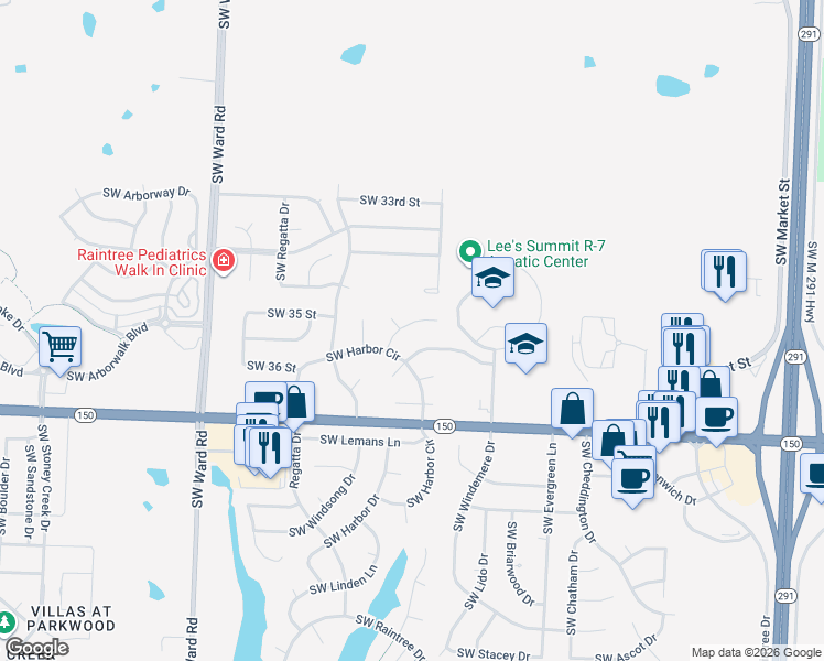 map of restaurants, bars, coffee shops, grocery stores, and more near 623 Southwest Philip Street in Lee's Summit