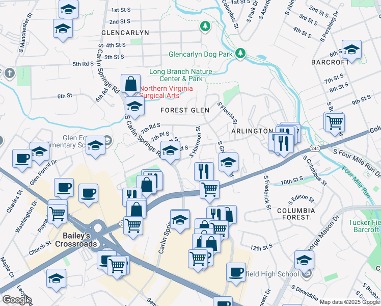 map of restaurants, bars, coffee shops, grocery stores, and more near 830 South Harrison Street in Arlington