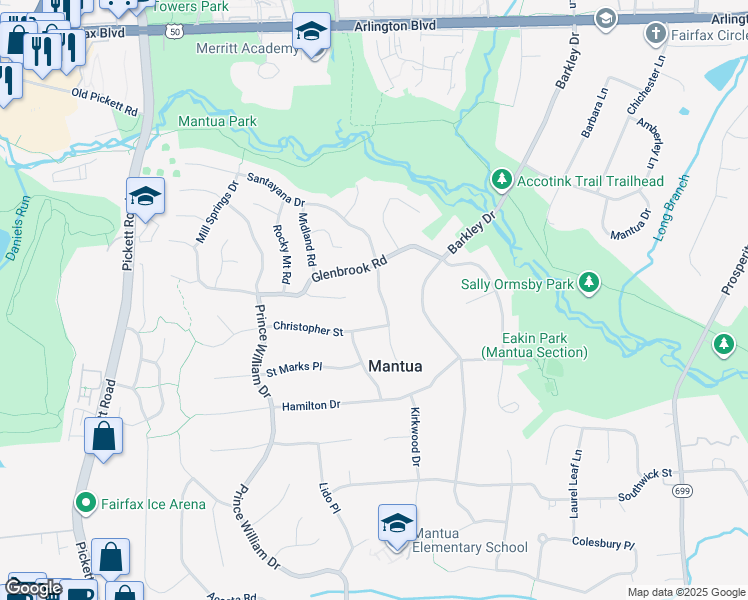map of restaurants, bars, coffee shops, grocery stores, and more near 9117 Santayana Drive in Fairfax