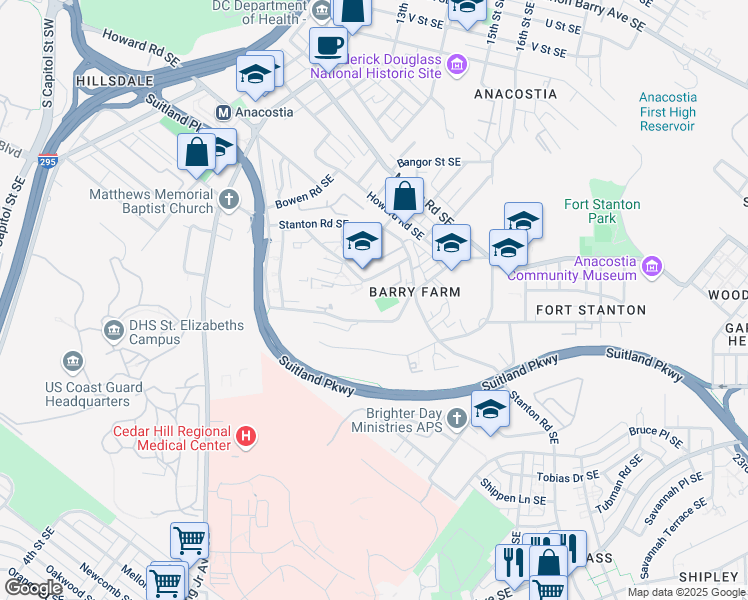 map of restaurants, bars, coffee shops, grocery stores, and more near Douglas Rd SE in Washington