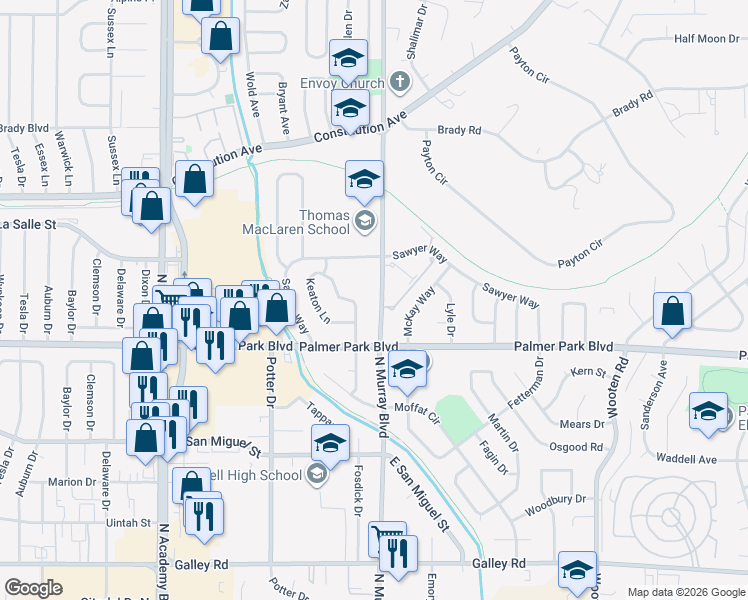 map of restaurants, bars, coffee shops, grocery stores, and more near 1530 North Murray Boulevard in Colorado Springs