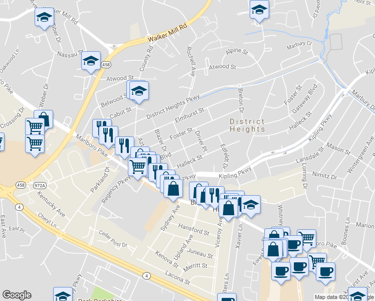 map of restaurants, bars, coffee shops, grocery stores, and more near 6501 Gateway Boulevard in District Heights