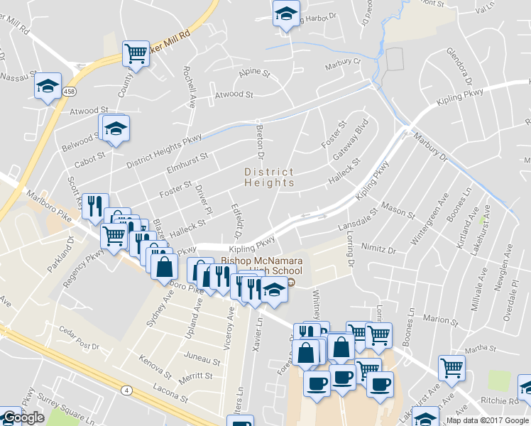 map of restaurants, bars, coffee shops, grocery stores, and more near 2415 Ramblewood Drive in District Heights