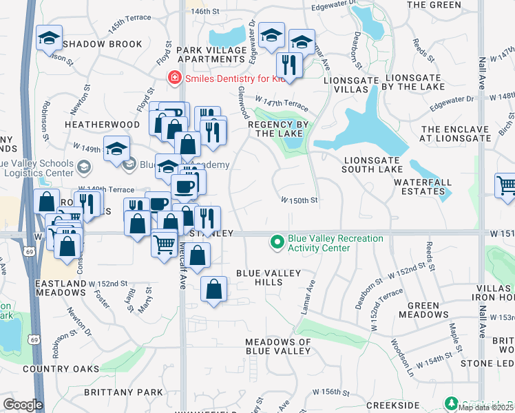map of restaurants, bars, coffee shops, grocery stores, and more near 6627 West 150th Street in Overland Park