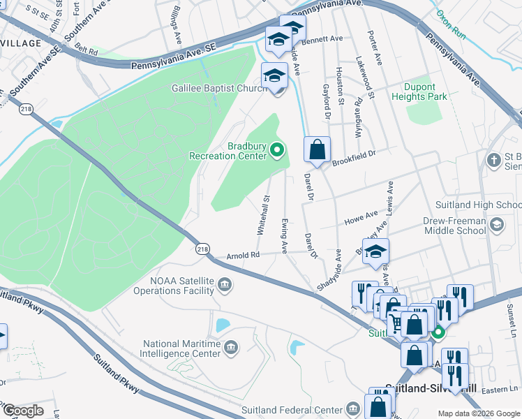 map of restaurants, bars, coffee shops, grocery stores, and more near 2401 Whitehall Street in Hillcrest Heights