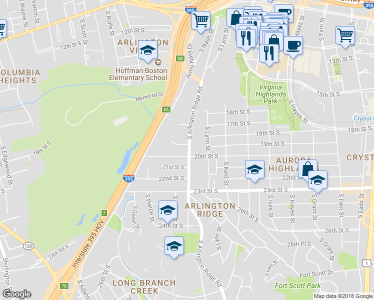 map of restaurants, bars, coffee shops, grocery stores, and more near 1946 South Arlington Ridge Road in Arlington