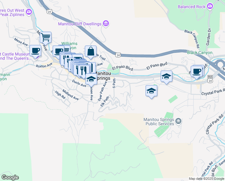 map of restaurants, bars, coffee shops, grocery stores, and more near 118 South Path in Manitou Springs