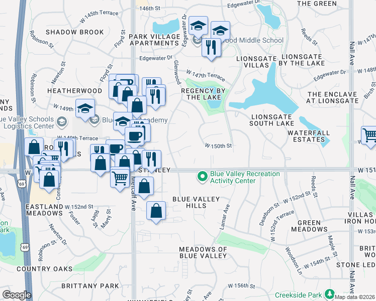 map of restaurants, bars, coffee shops, grocery stores, and more near 6627 West 150th Street in Overland Park