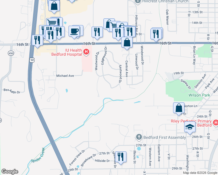 map of restaurants, bars, coffee shops, grocery stores, and more near 139 Edgewood Drive in Bedford