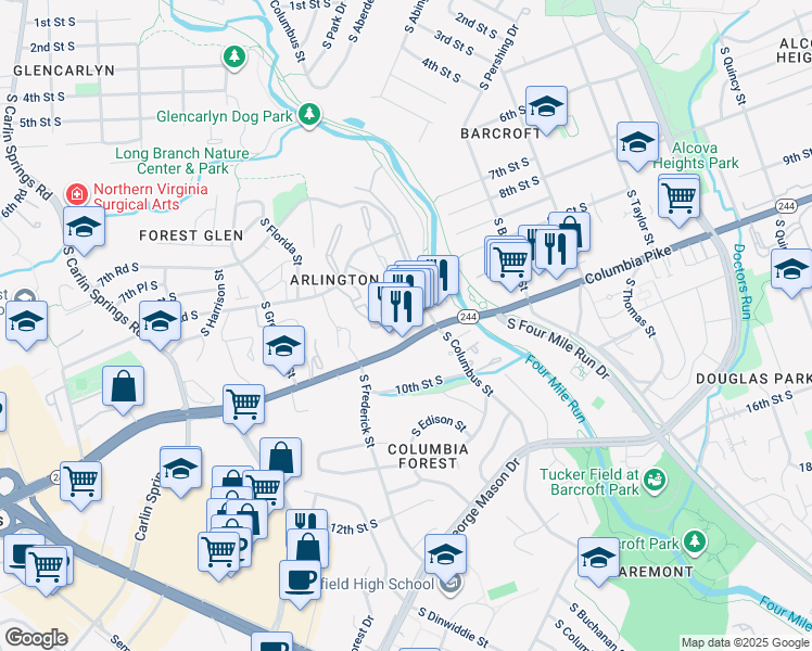 map of restaurants, bars, coffee shops, grocery stores, and more near 5017 Virginia 244 in Arlington