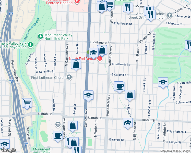 map of restaurants, bars, coffee shops, grocery stores, and more near 1525 North Weber Street in Colorado Springs