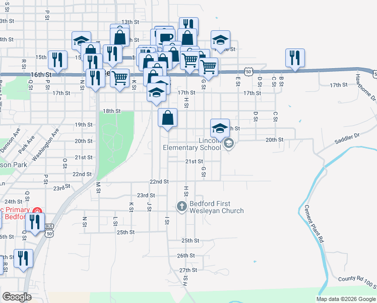 map of restaurants, bars, coffee shops, grocery stores, and more near 2016 H Street in Bedford