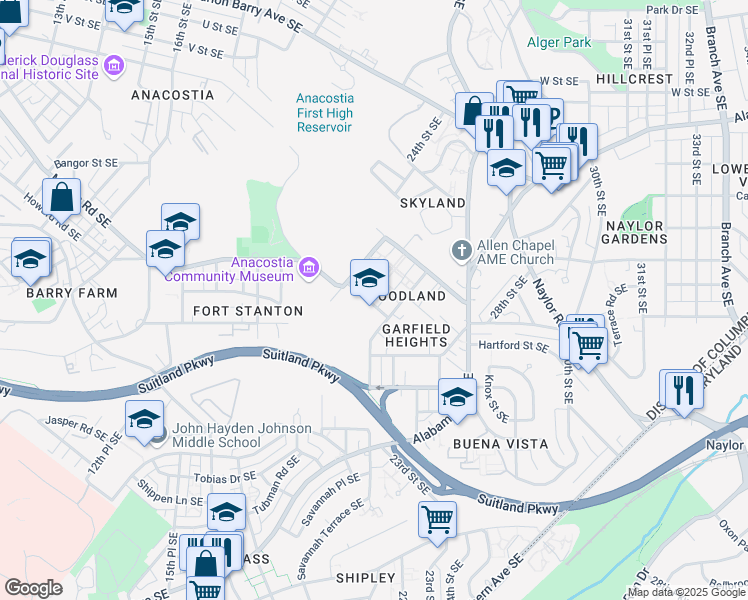 map of restaurants, bars, coffee shops, grocery stores, and more near 2368 Raynolds Place Southeast in Washington