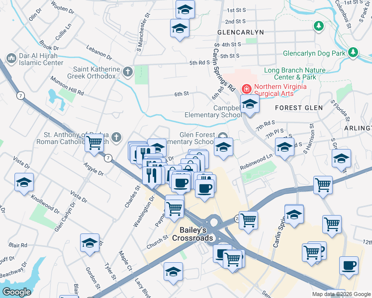 map of restaurants, bars, coffee shops, grocery stores, and more near 5846 Glen Forest Drive in Falls Church