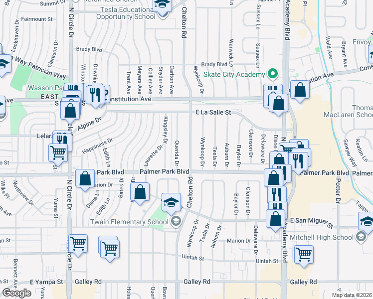 map of restaurants, bars, coffee shops, grocery stores, and more near 1606 North Chelton Road in Colorado Springs