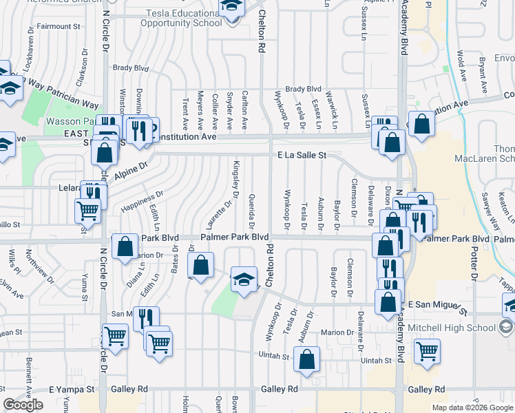 map of restaurants, bars, coffee shops, grocery stores, and more near 1606 North Chelton Road in Colorado Springs