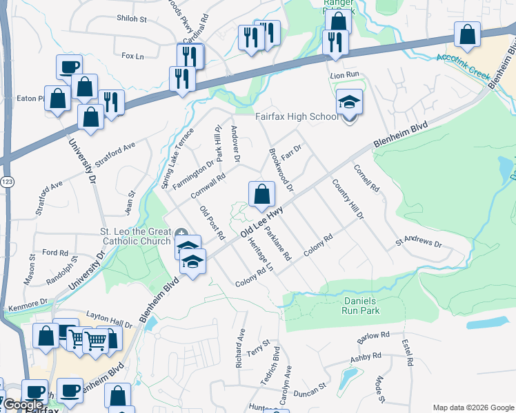 map of restaurants, bars, coffee shops, grocery stores, and more near 10006 Boxford Court in Fairfax