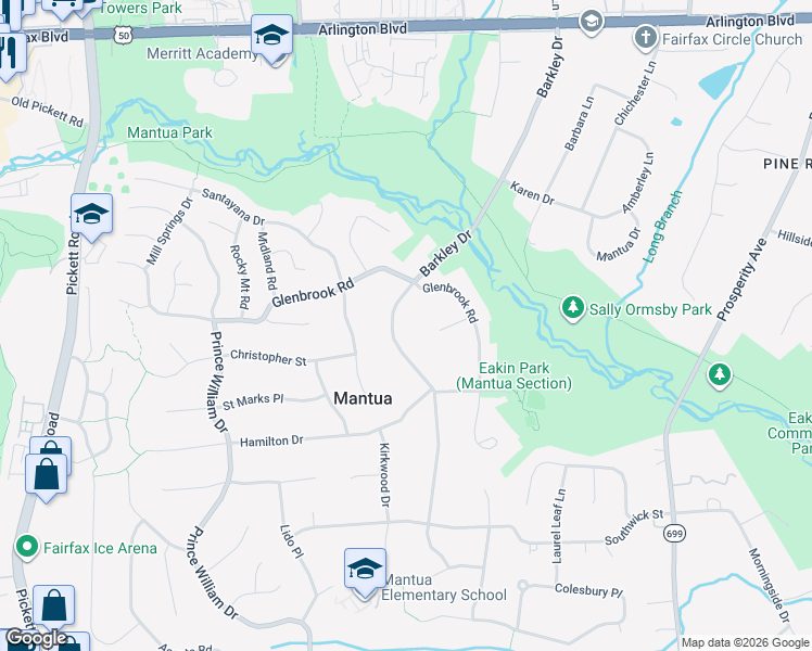 map of restaurants, bars, coffee shops, grocery stores, and more near 3401 Barkley Drive in Fairfax