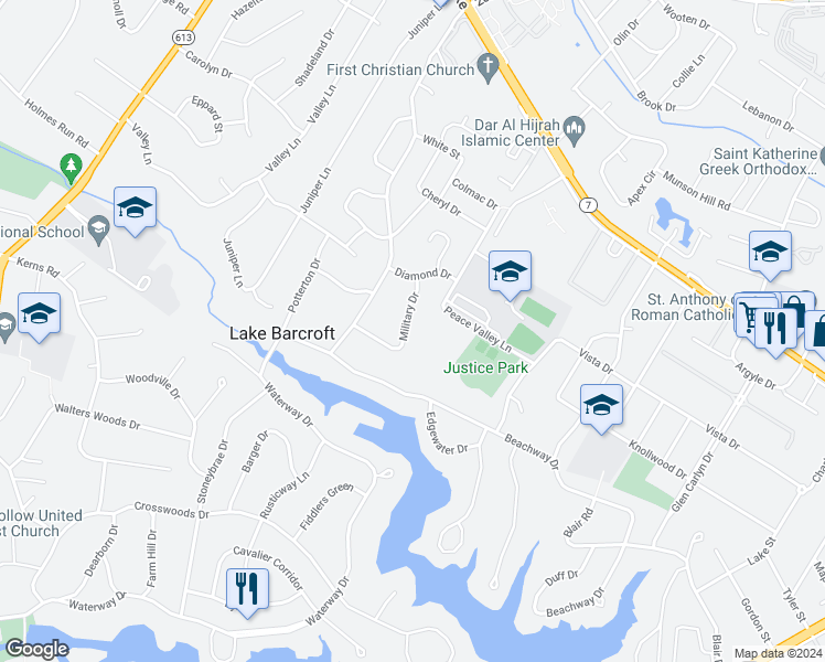map of restaurants, bars, coffee shops, grocery stores, and more near 3313 Military Drive in Falls Church