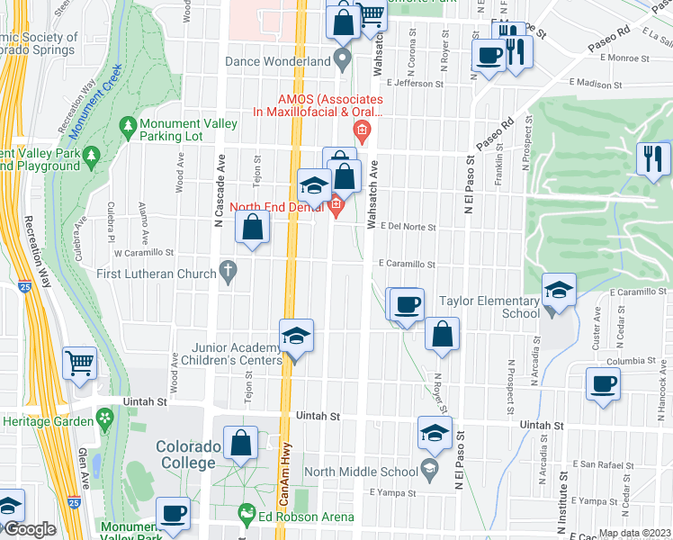 map of restaurants, bars, coffee shops, grocery stores, and more near 1525 North Weber Street in Colorado Springs