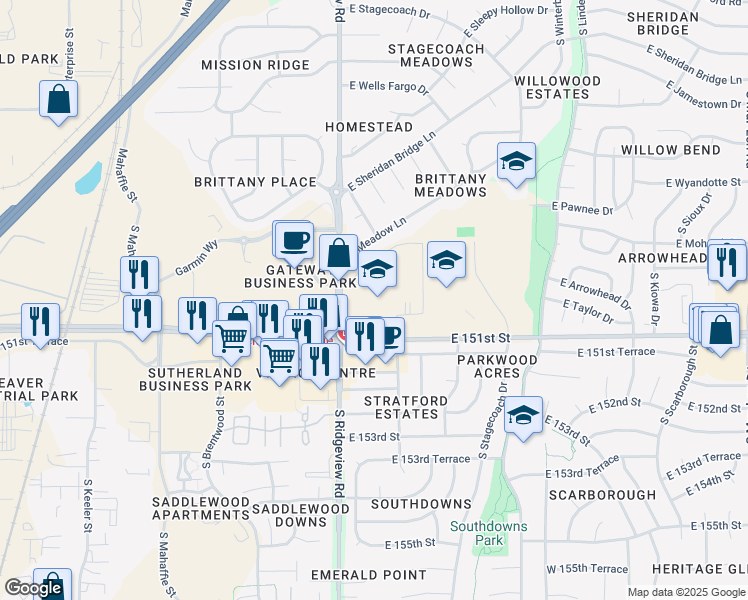 map of restaurants, bars, coffee shops, grocery stores, and more near 1440 East 151st Street in Olathe