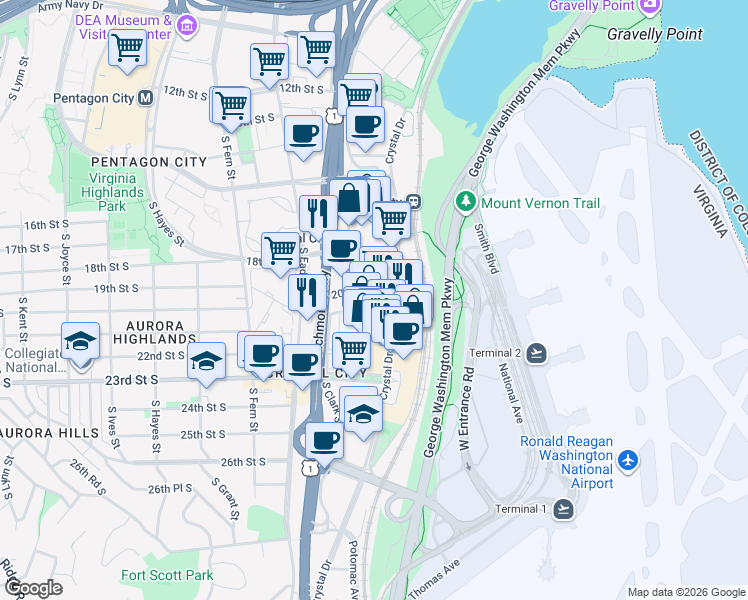 map of restaurants, bars, coffee shops, grocery stores, and more near 220 20th Street South in Arlington