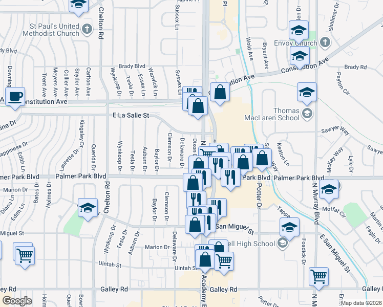 map of restaurants, bars, coffee shops, grocery stores, and more near 1618 Dixon Drive in Colorado Springs