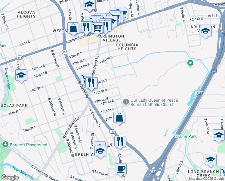 map of restaurants, bars, coffee shops, grocery stores, and more near 2900 17th Street South in Arlington