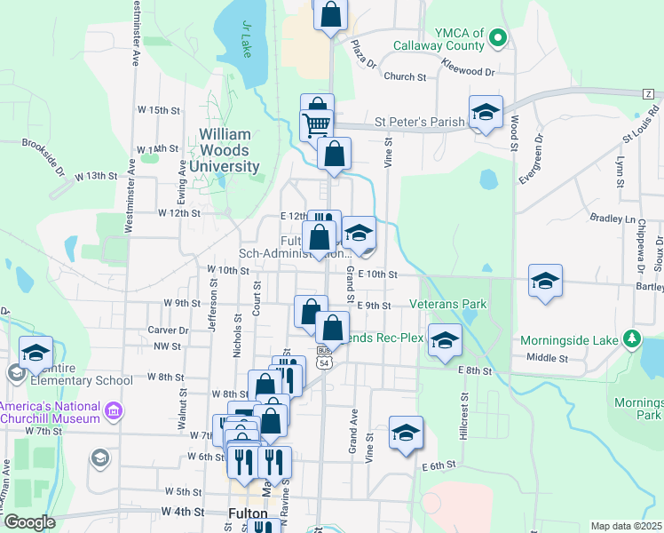 map of restaurants, bars, coffee shops, grocery stores, and more near 1000 North Bluff Street in Fulton