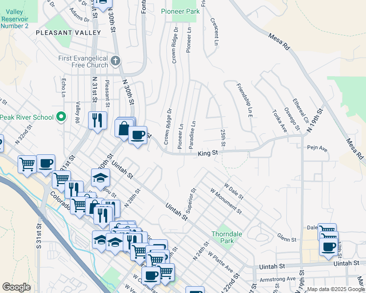map of restaurants, bars, coffee shops, grocery stores, and more near 607 Pioneer Lane in Colorado Springs