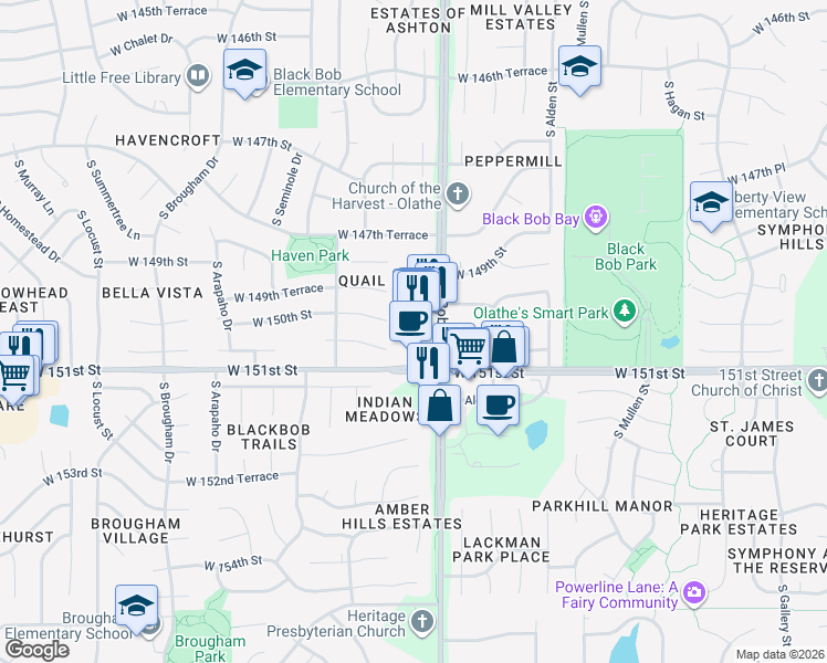 map of restaurants, bars, coffee shops, grocery stores, and more near 15060 South Black Bob Road in Olathe