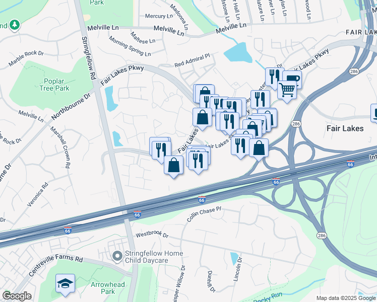 map of restaurants, bars, coffee shops, grocery stores, and more near 13064 Fair Lakes Shopping Center in Fairfax