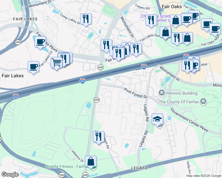 map of restaurants, bars, coffee shops, grocery stores, and more near 4481 Plateau Drive in Fairfax