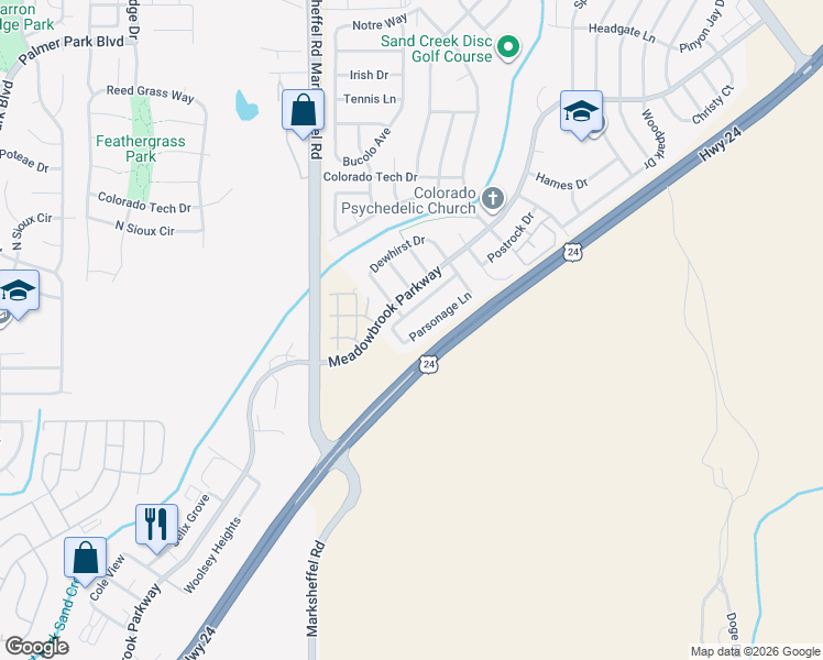 map of restaurants, bars, coffee shops, grocery stores, and more near 7917 Parsonage Lane in Colorado Springs